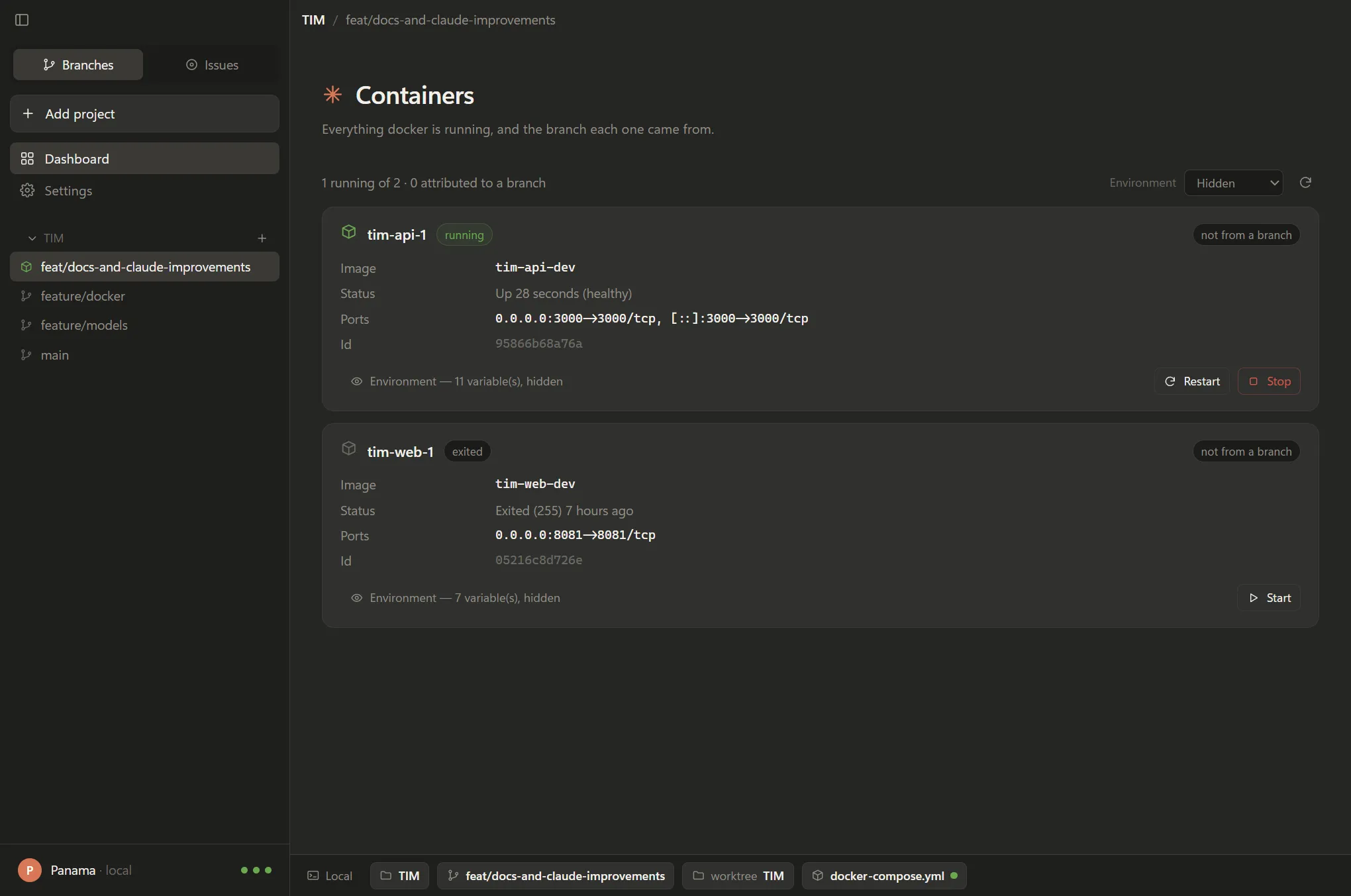 The Panama dashboard listing two containers. tim-api-1 is running and carries Restart and Stop buttons; tim-web-1 is exited and carries a Start button. Both are labelled not from a branch, and their environment variables are hidden.