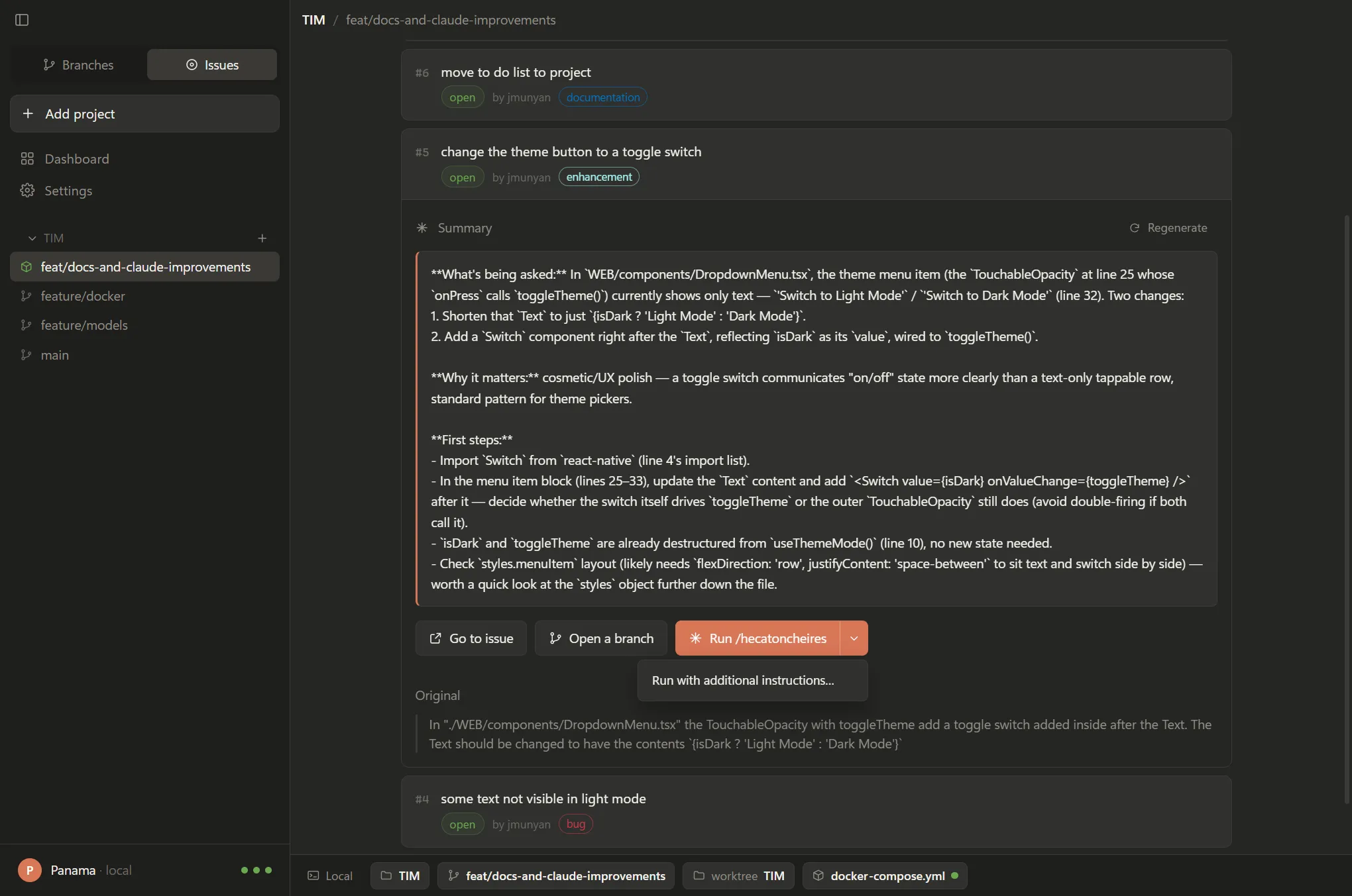 An expanded GitHub issue in Panama showing a generated summary, then Go to issue, Open a branch, and a Run /hecatoncheires split button whose caret menu is open on Run with additional instructions.