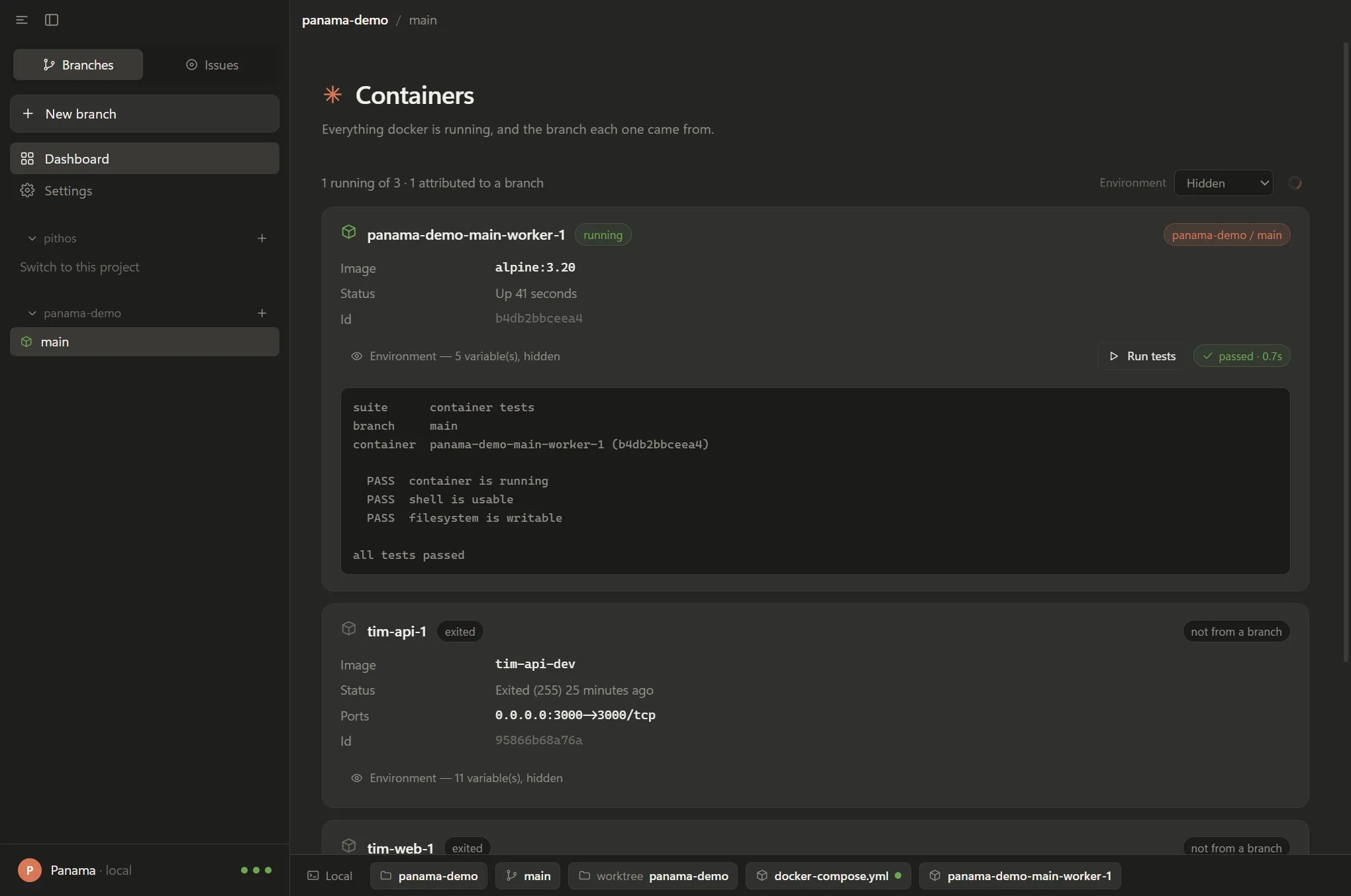 A container card in Panama with a Run tests button, a passed badge reading 0.7 seconds, and the suite output printed below showing three passing checks.